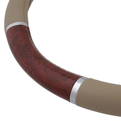 BDK Dark Wood Grain Car Steering Wheel Cover, Standard 15 inch with Beige Faux Leather Grip, Made to Fit Most Auto Truck Van SUV - color: #1-Beige / Dark Wood, size: Fits 14.5 - 15" SW