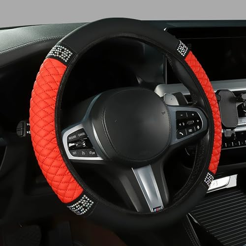 Bling Car Steering Wheel Cover, 15 Inch Rhinestones Soft Leather Elastic Steering Wheel Protector, Universal 15 Inch for Women Girls, Fit Vehicles, Sedans, SUVs, Vans, Trucks (Red) - color: Red