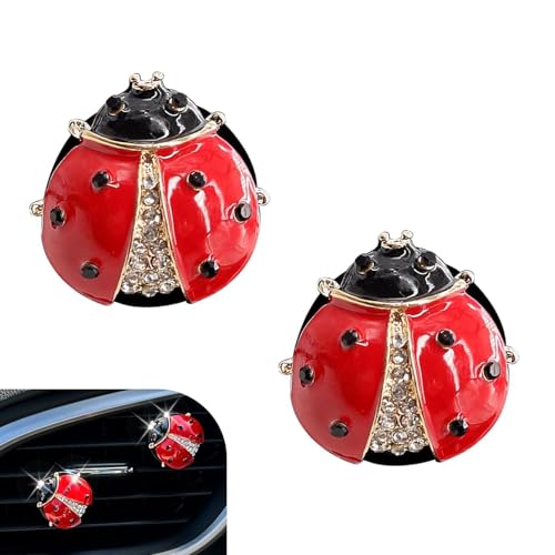 2 PCS Bling Car Air Vent Clips, 3D Rhinestone Lady Beetle Straight Outlet Ornament, Alloy Rustproof Refillable Diffuser Clip, Interior Decoration Part for Woman Girls (Red)