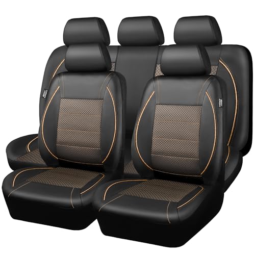 CAR PASS Piping PU Leather Car Seat Cover Full Set,Inside Zipper Design and Reserved Opening Holes,Airbag Compatible,Universal FIT for Car, SUVs,Van,Small Trucks（Full Set, Black & Gold） - color: Black and Gold