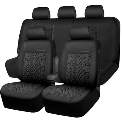 CAR PASS Neoprene Waterproof Seat Covers Full Sets, Wetsuit Car Seat Covers 5 Seats Universal Fit for Vans, Truck, SUV, 3D Tyre Embossed Seat Covers Anti Slip with Armrests, Aibag Compatible(Black) - color: Black Solid, size: Full sets