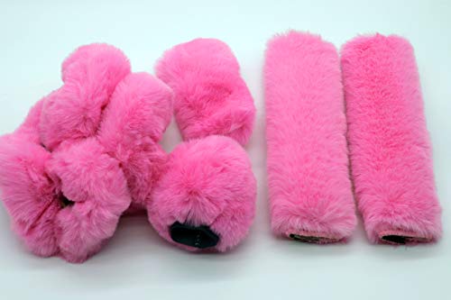 Pinbola 5pcs in 1 Set Faux Wool Steering Wheel Cover Soft Fluffy Handbrake Cover & Gear Shift Cover & 2pcs Seat Belt Shoulder Pads Warm Universal Fit for 15 Inch (Pink) - color: Pink