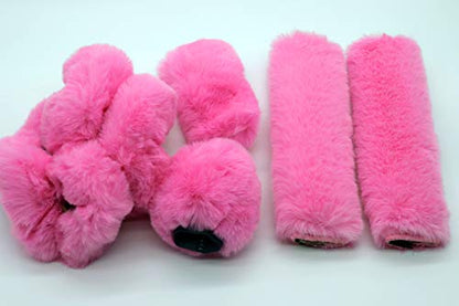 Pinbola 5pcs in 1 Set Faux Wool Steering Wheel Cover Soft Fluffy Handbrake Cover & Gear Shift Cover & 2pcs Seat Belt Shoulder Pads Warm Universal Fit for 15 Inch (Pink) - color: Pink