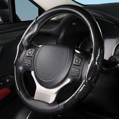 Car Steering Wheel Cover Universal Carbon Fiber 2PCS Segmented Waterproof Steering Covers Comfortable Easy Install All-Season Use(Black)