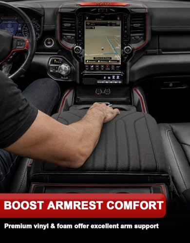 KBH Center Console Armrest Cover for 2019-2026 Dodge Ram 1500 2500 3500 5th Gen, Arm Rest Cushion Pad Protector, Vinyl Leather, Black (Fits Bucket Seat Only) - color: Black Stitch