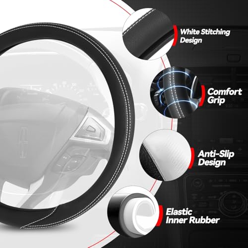 Auto Dynasty Steering Wheel Cover, Breathable Microfiber Leather Car Steering Wheel Protector with White Stitched, [14 1/2 to 15 Inches] Universal Fit Cars Trucks SUVs - color: Stitched White A