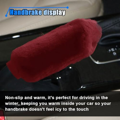 2PCS Plush Car Gear Shift Knob Cover & Handbrake Cover, Soft Fluffy Shift Knob Brake Handle Protector, Universal Car Interior Accessories (Burgundy) - color: Burgundy