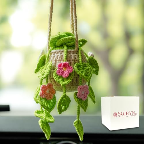 Crochet Hanging Plant for Car,Car Decorations Interior,Plant Strawberry Aesthetic Car Accessories for Women Interior Cute,Car Ornaments Charms for Rear View Mirror, Home decor - color: Cutout Leaves With Flowers