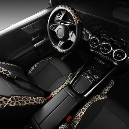 CAR PASS Leopard Print Faux Leather Car Seat Covers & Leopard Car Mats&Leopard Steering Wheel Cover Seat Belt Universal Car Accessories for SUV,Van,Saden,Truck Automobile Interior Sets(Gold Black) - color: Leopard Gold combo
