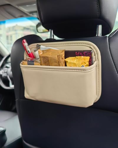 Driver's Car Storage Bag, Small Car Side Pocket Organizer for Car Seats, Doors and Consoles, PU Leather (Beige)