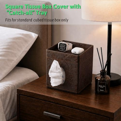 Tissue Box Cover, PU Leather Square Tissue Box Holder with Upper Storage Tray for Bathroom/Countertop/Nightstand/Office Table - Antique