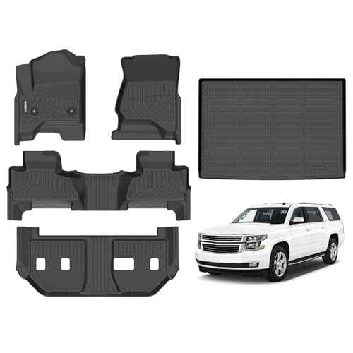 GINOWY-Floor Mats & Cargo Liner for Chevy Suburban/GMC Yukon XL 2015-2020 (2nd Row with Bench Seat), TPE All Weather Suburban Car Mats, Custom Non-Slip Trunk Mat Liners Suburban Accessories Black - style: 4) for Chevy Suburban 2015-2020 Full Set