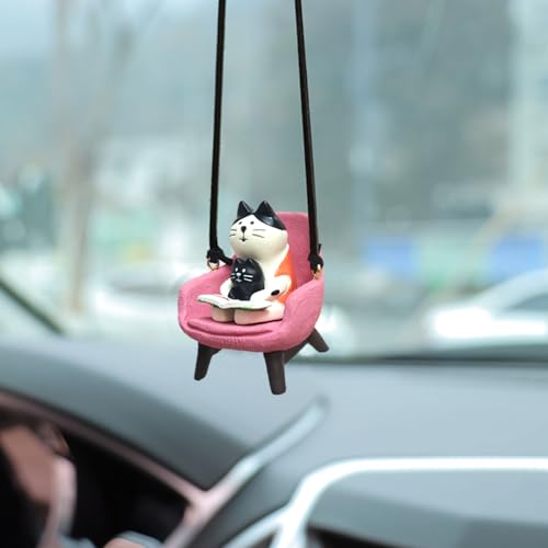 Cat Rear View Mirror Hanging Accessories Cute Cat Sitting Sofa Reading and Drinking Coffee Car Hanging Ornament Pendant Interior Rearview Mirror Decoration - color: Car Hanging Cat Reading
