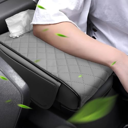 Car Center Console Cover, 13 × 7.1 × 3.0 Inch Leather Auto Armrest Cover with Pockets & Tissue Box, Waterproof Comfortable Center Console Cushion Pad for Cars Trucks SUVs (Gray) - color: Gray