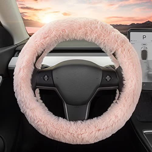 Carbella Soft Pink Fuzzy Steering Wheel Cover, Standard 15 Inch Size Fits Most Vehicles, Cute Faux Fur Car Steering Cover with Soft Fluffy Furry Touch, Car Accessories for Women - color: Fuzzy Soft Pink