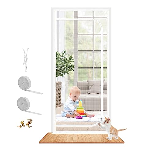 Dixutzi Reinforced Cat Screen Door Fits Door Size 35''x 80'', Heavy Duty Pets Proof Screen with Zipper, Prevent Dogs Cats Running Out from Home (White) - color: White Leftu, size: Fits Door Size up to 35''x80''