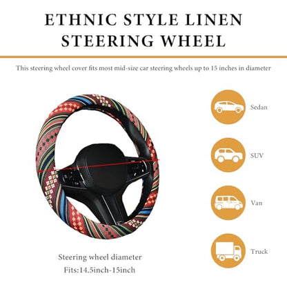 Boho Steering Wheel Cover, 15 Inch Coarse Flax Cloth Ethnic Style Anti-Slip Car Wheel Wrap, Universal Breathable Bohemian Steering Wheel Protector for Cars Vans Trucks (F) - color: F