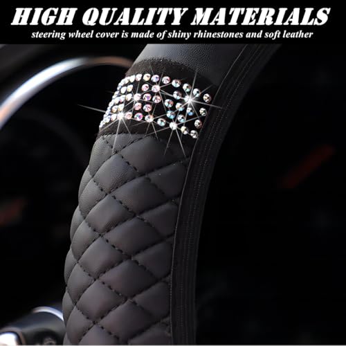 Microfiber Leather Steering Wheel Cover Universal 15 inch, with Bling Bling Crystal Rhinestones, Car Steering Wheel Anti-Slip Protector for Women Girls (Black)