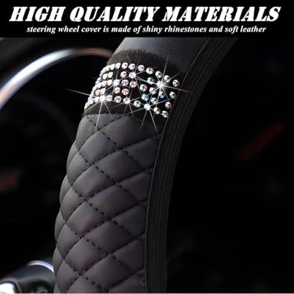 Microfiber Leather Steering Wheel Cover Universal 15 inch, with Bling Bling Crystal Rhinestones, Car Steering Wheel Anti-Slip Protector for Women Girls (Black)