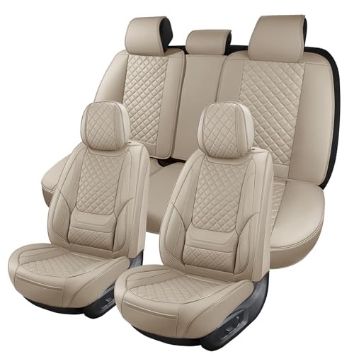 Beige Leather Car Seat Covers Full Set Breathable Seat Protectors Waterproof Automotive Seat Covers Universal Fit for Most Cars SUVs Trucks Vehicles - color: BEIGE4, size: Full Set