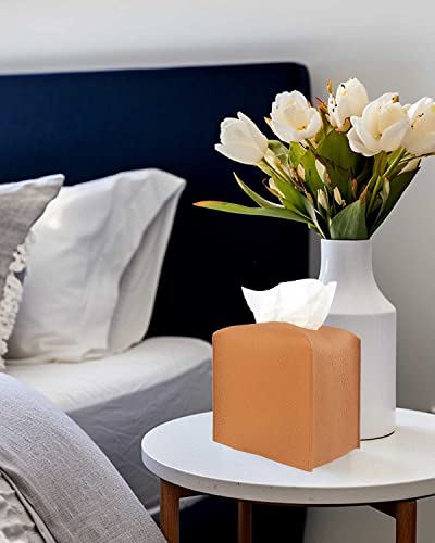 Tissue Box Holder Tissue Cover – Square Faux Leather Tissue Box Cover with Bottom Belt [JESMINI, Camel Brown] Tissues Cube Box Cover for Bathroom/Night Stands/Office - color: Camel Brown