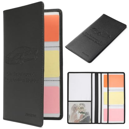 Premium Car Registration & Insurance Card Holder with Magnetic Closure & Clear Pockets, Glove Box Organizer for Documents, Driver's License (Black) - color: black