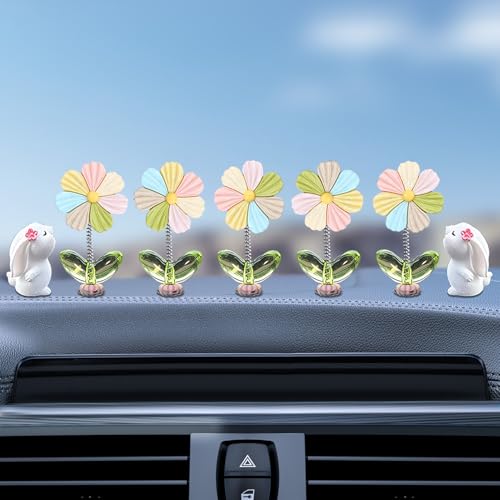 7pcs Cute Car Rearview Mirror Accessories, Funny Bunny Car Ornament, Shaking Spring Flower Dashboard Decorations, Interior Decor Present for Men Women - color: Multi -colored, Bunny