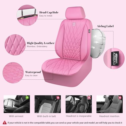 CAR PASS 5 Seats Piping Luxury Leather Seat Covers Full Set, Anti-Slip Waterproof Seat Covers Compatible with Front Armrests, Universal Fit for Suvs,Vans,Trucks,Airbag Compatible, Pure Pink - color: Pink, size: Full Set