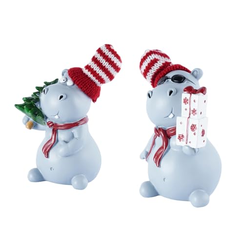 2-Piece Funny Christmas Hippo Ornaments Hippopotamus Gifts Resin Hippo Figurines for Indoor Tabletop Christmas Decorations Holiday Home Decor, Ideal Xmas Gift for Family & Friends