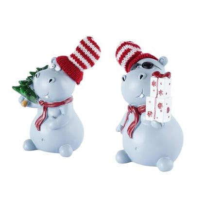 2-Piece Funny Christmas Hippo Ornaments Hippopotamus Gifts Resin Hippo Figurines for Indoor Tabletop Christmas Decorations Holiday Home Decor, Ideal Xmas Gift for Family & Friends