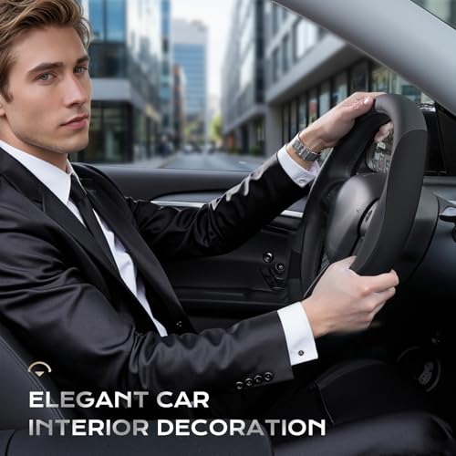 Coverado Car Steering Wheel Cover, Nappa Leather Black Steering Wheel Covers for Women, Universal 14-15 inch, Anti-Slip, Breathable Steering Wheel Protector - color: B-Black&Black
