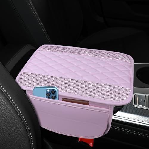 Bling Leather Car Center Console Cover, 12.2"×7.48" Crystal Rhinestone Automotive Arm Rest Cover with Side Pockets, Universal Vehicle Armrest Protector, Interior Car Accessories (Pink Leather) - color: Pink Leather