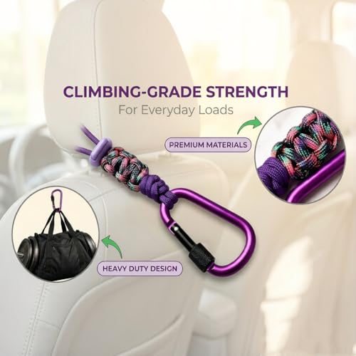 Car Seat Back Hooks 2 Pack - Heavy Duty Rope & Metal Buckle Car Hangers, No Wobble Multi-Purpose Organizer for Grocery Bags, Backpacks, Umbrellas, Trash Bags (Fit Most Vehicles) Purple - color: Purple