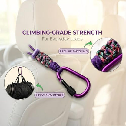 Car Seat Back Hooks 2 Pack - Heavy Duty Rope & Metal Buckle Car Hangers, No Wobble Multi-Purpose Organizer for Grocery Bags, Backpacks, Umbrellas, Trash Bags (Fit Most Vehicles) Purple - color: Purple