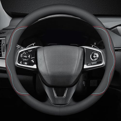 HAOTULE New Nappa Leather car Steering Wheel Cover, Universal 15 inch Black - color: black (red and blue)