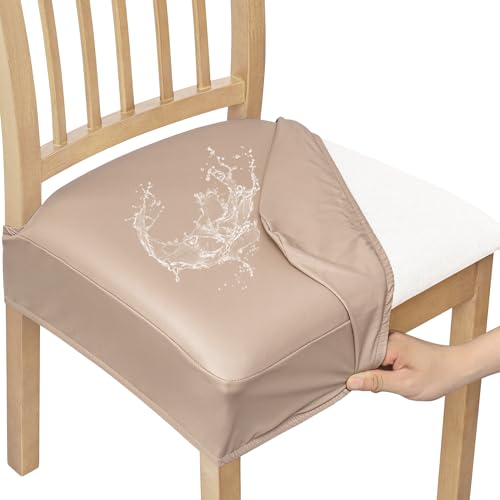 Smiry Waterproof Pu Leather Seat Covers for Dining Room Chairs Set of 2, Stretch Fit Removable Washable Kitchen Chair Seat Slipcovers Protector, No Rear Covers, Khaki - color: Khaki, size: Set of 2
