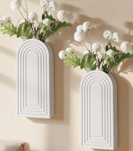 Wooden Wall Vase Set of 2, Wall Hanging Planter Modern Farmhouse Wall Decor for Boho Wall Decor for Indoor Entryway Hallway Bathroom Living Room Dining Room - color: White Vase