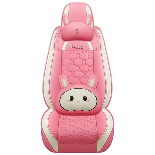INZU Cute Cartoon Rabbit Comfortable Car Seat Covers with Waterproof PU Leather Suitable for Most 5 Seats Cars SUV and Pick-up Truck Universal Fit Set (Pink) - color: Pink