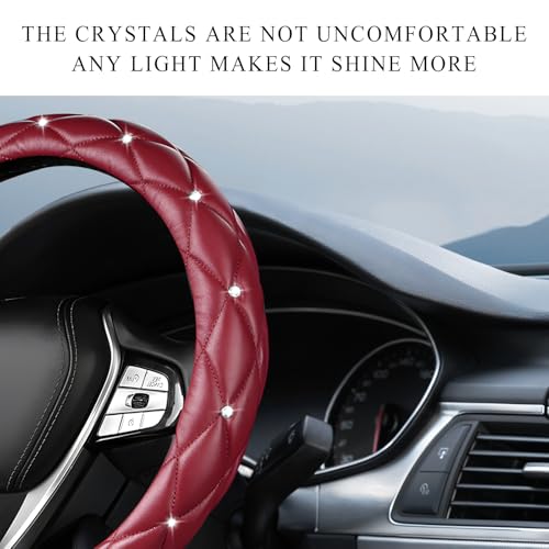 Bling Crystal Steering Wheel Cover, 15 Inch Soft Leather Sparkling Rhinestone Steering Wheel Protector, Universal Anti-Slip Steering Wheel Pad for Women Girls, Car Accessories (Wine Red) - color: Wine Red