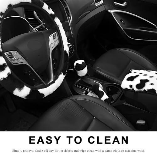 4 PCS Cow Print Car Accessories Set, Fluffy Cow Print Plush Steering Wheel Cover, Gear Shift Cover, Warm Fuzzy Console Armrest Pad & Handbrake Cover, Car Decoration Accessories
