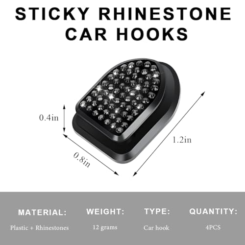 4 PCS Bling Car Mini Hooks, Cute Rhinestone Adhesive Back Seat Auto Hangers, Multifunctional Crystal Hanging Storage Hook for Vehicle Dashboard Wall Hat Coat Towel Key (Black) - color: Black