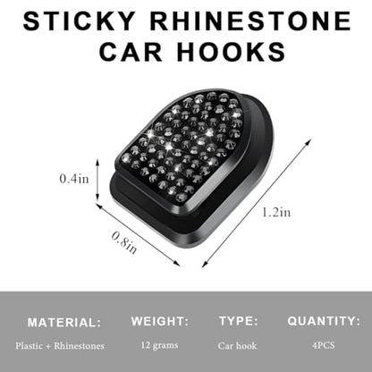 4 PCS Bling Car Mini Hooks, Cute Rhinestone Adhesive Back Seat Auto Hangers, Multifunctional Crystal Hanging Storage Hook for Vehicle Dashboard Wall Hat Coat Towel Key (Black) - color: Black