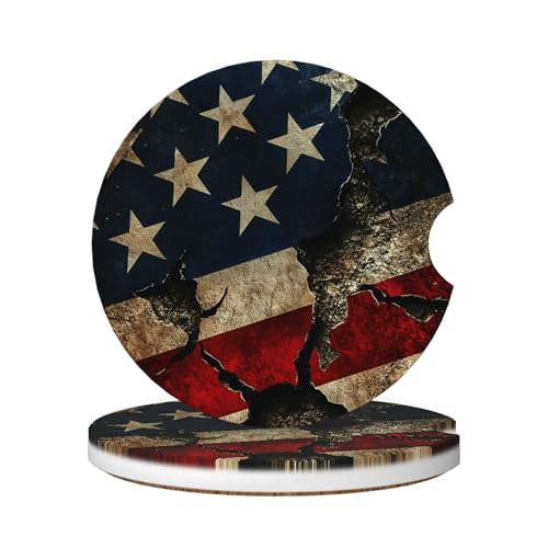 Absorbent Car Coasters for Cup Holders, 2 Pack Universal Anti Slip Ceramic Cup Coaster for Women Men 2.56 Inch Car Interior Accessories - Vintage American Flag 011 - color: Vintage American Flag 011