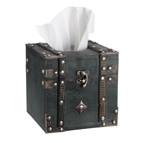 Sumnacon Retro Wood Square Tissue Box Cover Vintage Cube Tissue Holder, Decorative Tissue Holder for Bedroom Bathroom Toilet Table Desk Car Store Office Home, Green - color: Green
