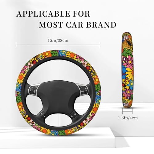 Hippie Flower Neoprene Steering Wheel Cover for Men Women Anti-Slip Elastic Steering Wheel Protective Cover 15in Universal Car Accessories Fit Cars, SUVs, Auto - color: Hippie Flower