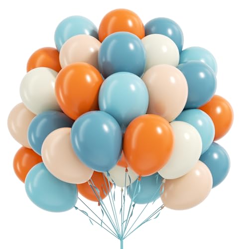 60pcs 12inch Blue and Orange Balloons, Dusty Blue Orange Sand White Nude Balloons with Ribbon for Baby Shower Birthday Party Decorations - color: Dusty Blue Orange