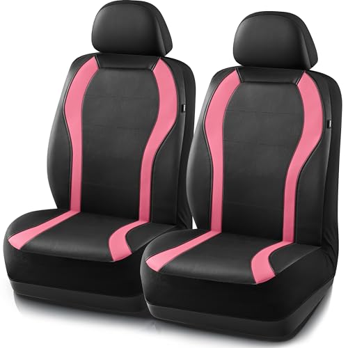 PIC AUTO Leather Car Seat Covers, Premium Automotive Waterproof Two Front Bucket Car Seat Protectors, Black and Pink PVC Patchwork, Fits for Cars, Trucks, Van, SUV, Airbag Compatible - color: Pink, size: Two Front