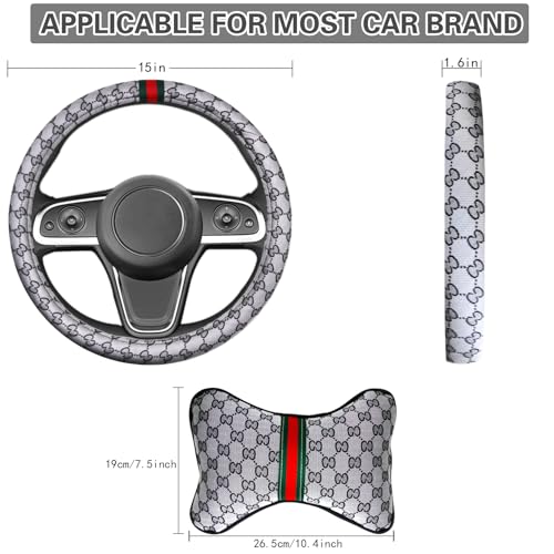 5PCS Steering Wheel Cover, with 2 Headrests, 2 Seat Belt Covers - Universal Fit for 14.5-15" Steering Wheel, Enhances Driving Experience - Perfect for Women (Gray) - color: Gray