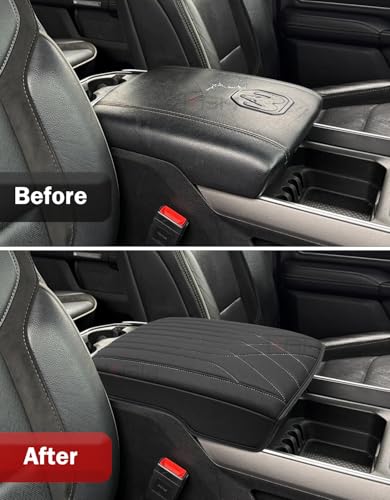 KBH Center Console Armrest Cover for 2019-2026 Dodge Ram 1500 2500 3500 5th Gen, Floor Console Bucket Seat, Arm Rest Cushion Pad Protector, Vinyl Leather, Black-Gray Stitches - color: Black-Gray Stitch