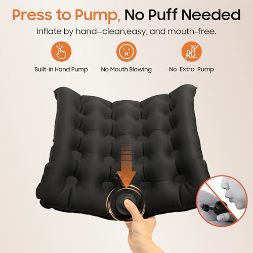 Lumbar Support Pillow, Inflatable Seat Cushion, Lightweight Car Back Cushion, Portable Chair Seat & Back Cushions for Office, Outdoor, Flight, Workplace, Black Stadium Cushions with TPU